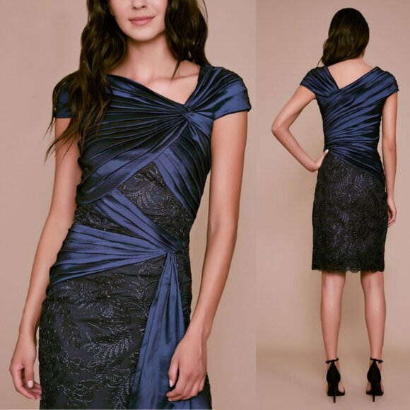 NWT TADASHI SHOJI EMBROIDERED LACE DRAPED TAFFETA DRESS NAVY GLITTER ZIP